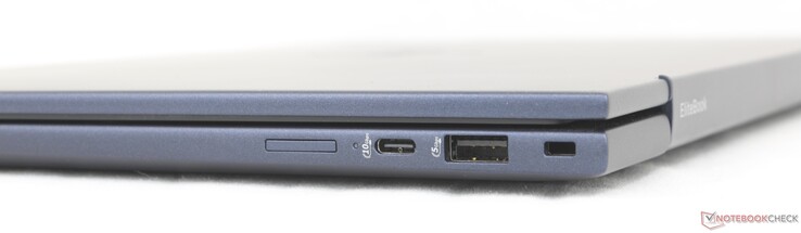 Rechts: Nano-SIM-sleuf (optioneel), USB-C 10 Gbps w/ Power Delivery + DisplayPort 1.4, USB-A 5 Gbps, Edel slot