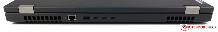 Achterkant: RJ45 (2,5 Gb/s), voeding (slanke punt), 2x Thunderbolt 4 (40 Gb/s, DisplayPort ALT Mode 1.4, Power Delivery 3.0), USB-C 3.2 Gen 2 (10 Gb/s, DisplayPort ALT Mode voeding 1.4, Power Delivery)