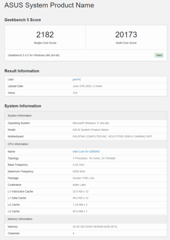 Intel Core i9-12900KS op Geekbench. (Bron: Geekbench)