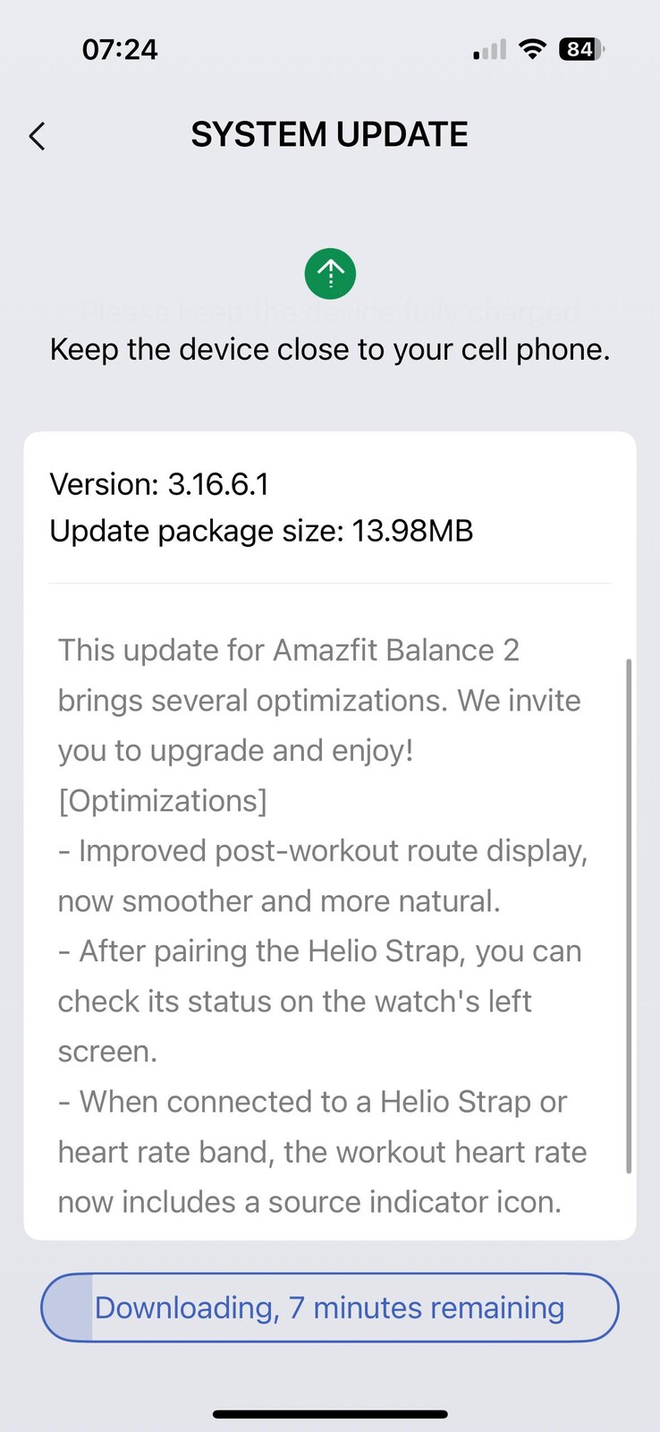 De release notes voor versie 3.16.6.1 voor de Amazfit Balance 2 smartwatch. (Afbeeldingsbron: u/FinishDue3792 via Reddit)