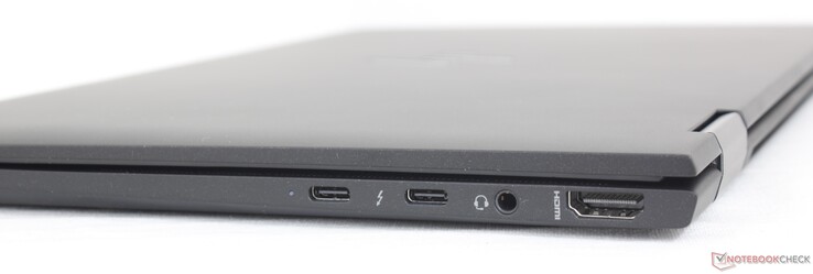 Rechts: 2x USB-C met Thunderbolt 4 + DisplayPort 1.4 + Power Delivery, 3,5 mm combo-audio, HDMI 2.0