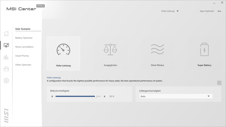 MSI Center Pro - Energieprofiel Hoge prestaties voor benchmarks, Super Batterij voor runtimes