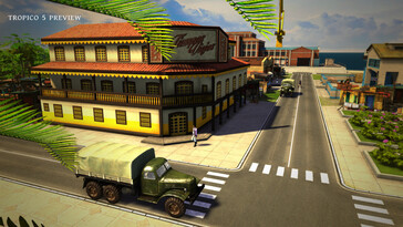 Een afbeelding waarop een gebouw en een auto in Tropico 5 te zien zijn.