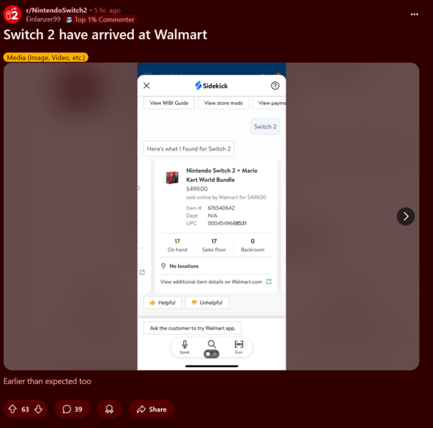 Voorraadniveaus Nintendo Switch 2 Walmart (Afbeelding bron: Nintendo Switch 2 subreddit)