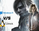 Resident Evil Requiem artwork met Windows 11 vs Linux vergelijkingstekening.