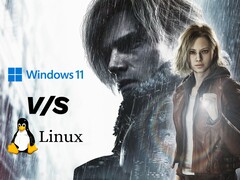 Resident Evil Requiem artwork met Windows 11 vs Linux vergelijkingstekening.
