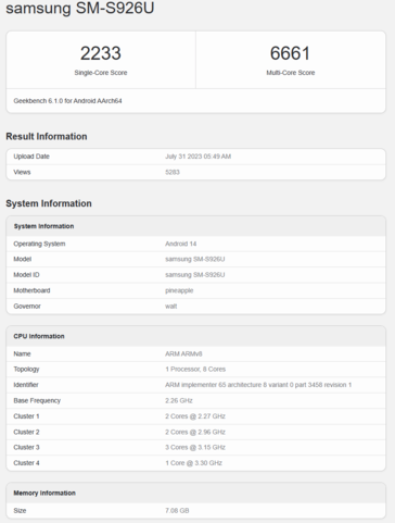 napdragon 8 Gen 3 voor Galaxy in de Samsung Galaxy S24 Plus met een 1+3+2+2 configuratie. (Bron: Geekbench)