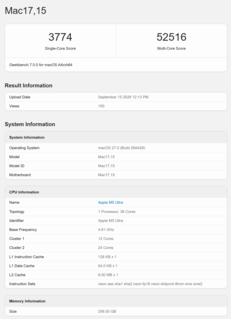 Apple M5 Ultra Geekbench 7-score