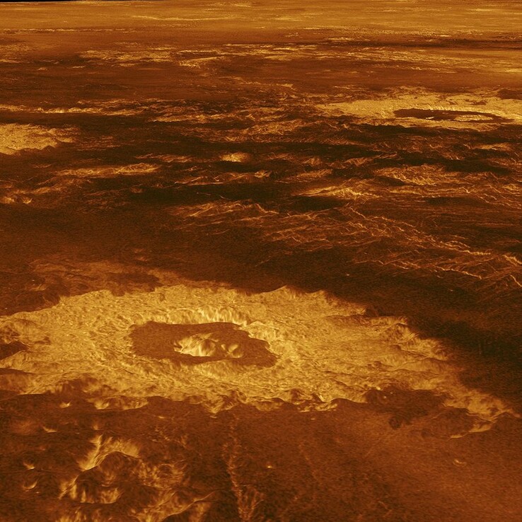 Een afbeelding gemaakt door de Magellan sonde toont kraters en vulkanische activiteit op Venus.