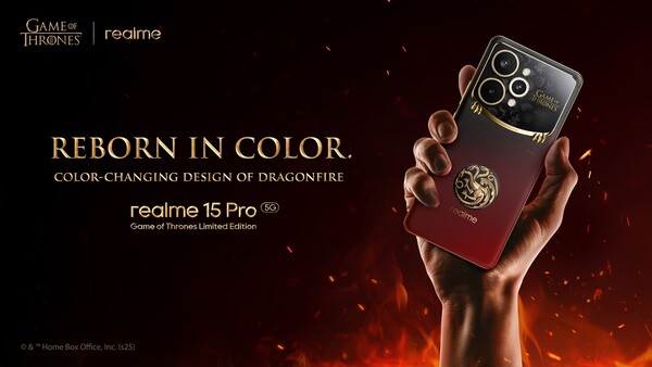 De Realme 15 Pro Game of Thrones Limited Edition verandert van zwart naar rood als de temperatuur stijgt. (Afbeeldingsbron: Realme)