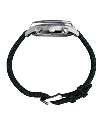 Zijaanzicht van de Timex Marlin Jet Chronograph met zijn grote, bolvormige Hesalite-glas