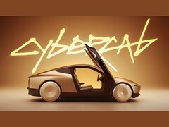 Een schermafbeelding uit een promotievideo van de Tesla CyberCab, waarop het voertuig in zijaanzicht te zien is