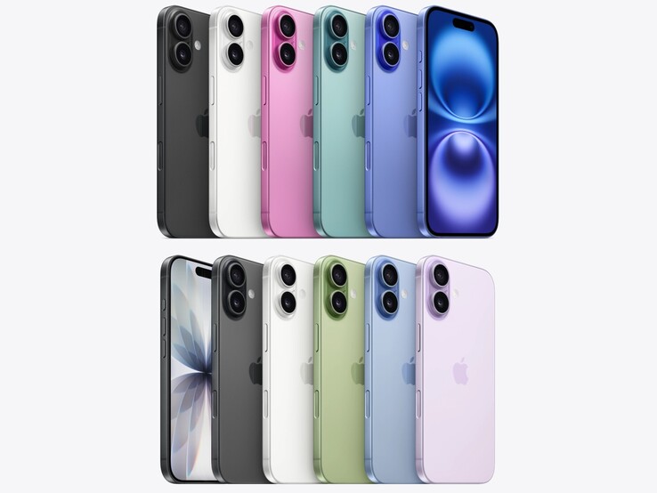 iPhone 16 (boven) en iPhone 17 (onder) kleurstellingen. (Afbeeldingsbron: Apple, bewerkt)