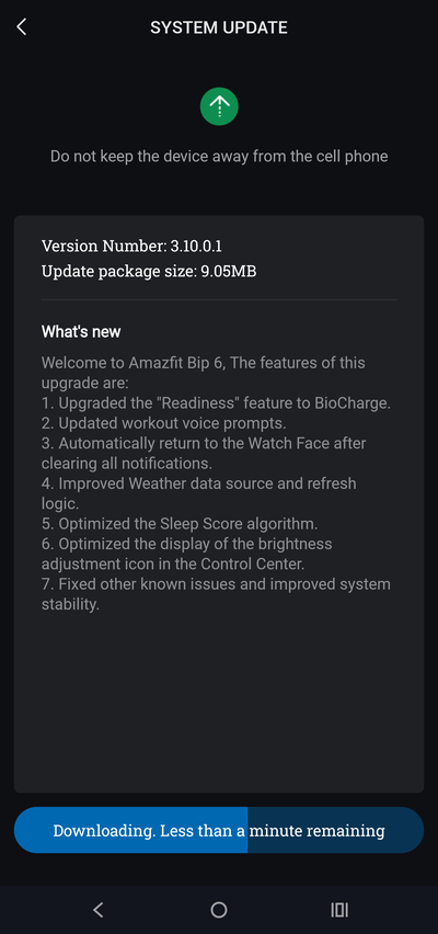 De releaseopmerkingen voor Amazfit Bip 6 firmwareversie 3.10.0.1