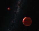 Een illustratie van een rode exoplaneet.