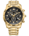 Citizen Classic Eco-Drive-chronograaf met een zwarte wijzerplaat, een goudkleurige roestvrijstalen kast en armband van 44 mm, een vaste 60-minuten-ring, drie subwijzerplaten en een datumvenster.