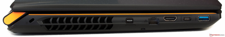 Left: Kensington, vent, mini-DisplayPort, Ethernet, HDMI, USB 3.1 Gen2 Type-C, USB 3.0