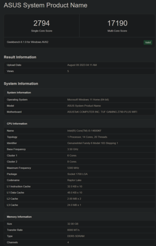 Intel Core i5-14600KF Geekbench scores (afbeelding via Geekbench)