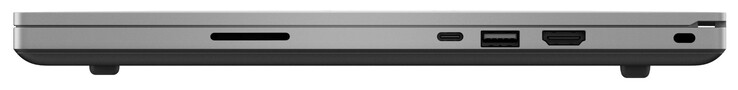 Rechts: SD-kaartlezer, een Thunderbolt 3 poort, een USB 3.2 Gen 2 Type-A-poort, HDMI-output, Kensington beveiligingsslot