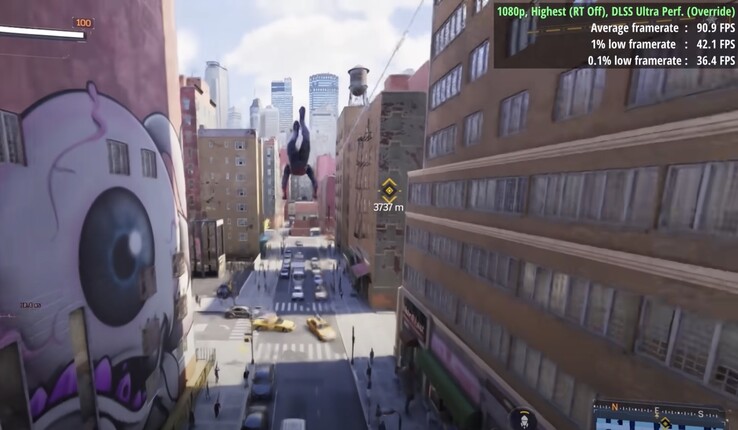 Maximale instellingen, RT uit, DLSS 4 "Ultra Performance": 90 FPS met RTX 4060. (Afbeeldingsbron: RandomGamingHD)