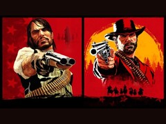 John Marston en Arthur Morgan uit Red Dead Redemption richten hun geweren op de kijker tegen een rode en gele achtergrond (Afbeelding bron: Rockstar Games)