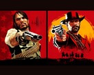 John Marston en Arthur Morgan uit Red Dead Redemption richten hun geweren op de kijker tegen een rode en gele achtergrond (Afbeelding bron: Rockstar Games)