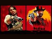 John Marston en Arthur Morgan uit Red Dead Redemption richten hun geweren op de kijker tegen een rode en gele achtergrond (Afbeelding bron: Rockstar Games)