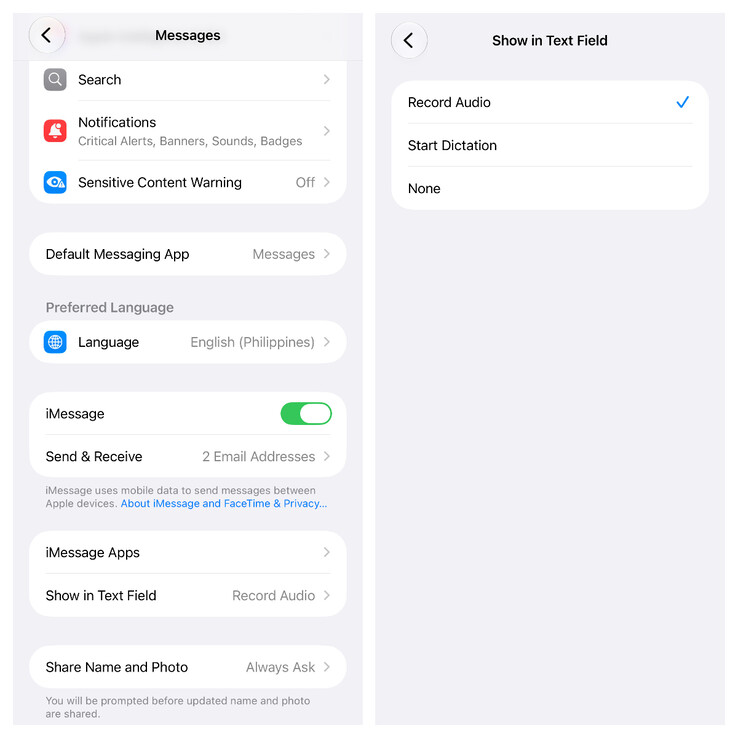 De nieuwe schakelaar ‘Weergeven in tekstveld’ in Apple Berichten om de dicteerknop te verbergen