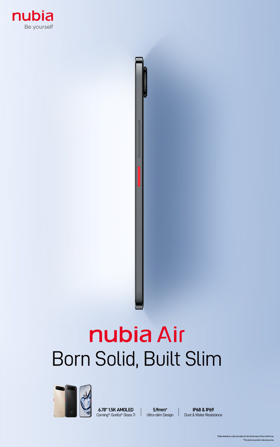 De uitgelekte promofoto beweert dat de Nubia Air slechts 5,9 mm dun is, met één belangrijk voorbehoud in de voetnoot.