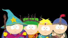 De jongens maken zich klaar voor de strijd in South Park: The Stick of Truth, elk in hun eigen fantasierol - tovenaar, druïde, paladijn en krijger (Afbeelding bron: via South Park Wiki / Fandom, geüpload door Gastropod - © Ubisoft / South Park Digital Studios)