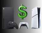 Xbox- en PlayStation-consoles afgebeeld met dollarteken (bron: Microsoft Xbox Gaming, Sony PlayStation met bewerkingen)