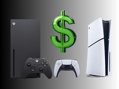 Xbox- en PlayStation-consoles afgebeeld met dollarteken (bron: Microsoft Xbox Gaming, Sony PlayStation met bewerkingen)
