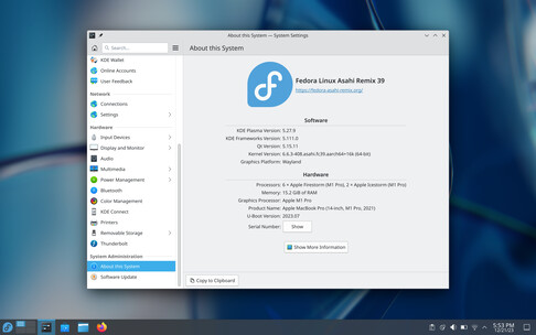 De KDE Plasma Desktop van Fedora 39 Asahi Remix (Afbeelding: Asahi Blog).