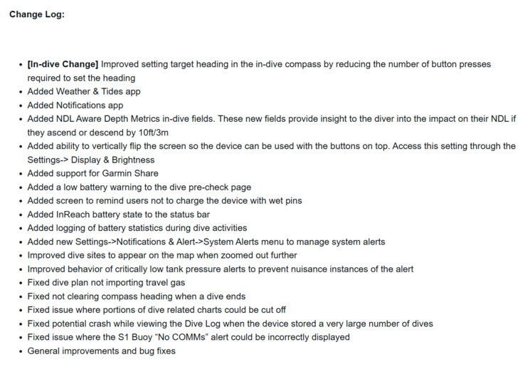 De wijzigingslog voor systeemsoftware 4.05 voor de Garmin Descent X50i. (Afbeelding bron: Garmin)