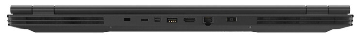 Achter: kabelslot, USB 3.2 Gen 1 (Type-C), Mini-Displayport 1.4, USB 3.2 Gen 1 (Type-A), HDMI 2.0, Gigabit Ethernet, AC-voeding
