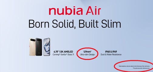 De 6,7 mm in deze Nubia Air promoafbeelding hebben een voetnoot