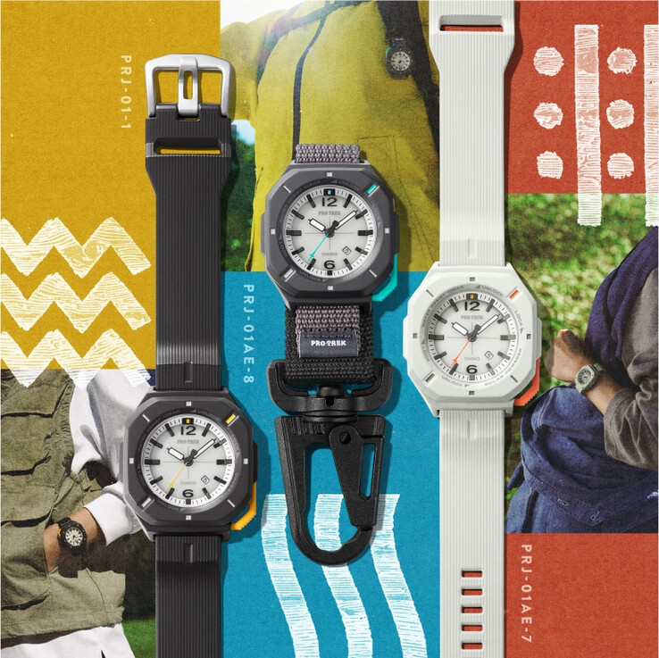 De Casio Pro Trek PRJ-01-1J, de PRJ-01AE-8J en de PRJ-01AE-7J (van links naar rechts)