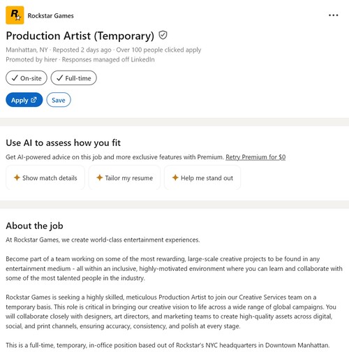 LinkedIn Rockstar Games vacature voor productieartiest getoond