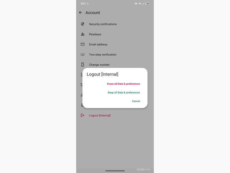 Een screenshot van de nieuwste WhatsApp-bèta waarin de nieuwe optie Afmelden [intern] wordt getoond. (Afbeelding Bron: Android Autoriteit)