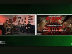 Een screengrab van Xbox podcast met de cover van Gears of War en het PS5-logo