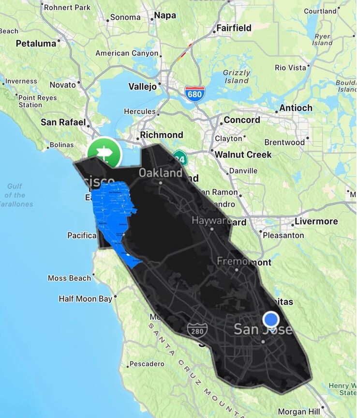 Tesla Robotaxi vs Waymo geofenced Bay Area kaart. (Afbeeldingsbron: Joe Tegtmeyer/X)