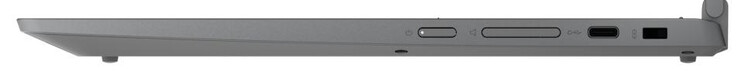 Rechterzijde: aan/uit-knop, volumetuimelschakelaar, één USB 3.2 Gen 1 Type-C-poort (DisplayPort, Power Delivery), Kensington-beveiligingssleuf