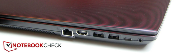 Links: LAN, HDMI, 2x USB-3.0 Type-A, USB 3.0 Type-C, hoofdtelefoon/microfoon-aansluiting