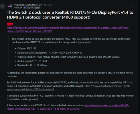 Nintendo Switch 2 4K dock lek (Afbeelding bron: screenshot, GamingLeaksAndRumors subreddit)