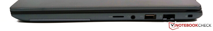 Rechts: microSD, 3,5 mm audioaansluiting, USB-A 3.1 Gen 1, RJ45, slot voor kabelvergrendeling