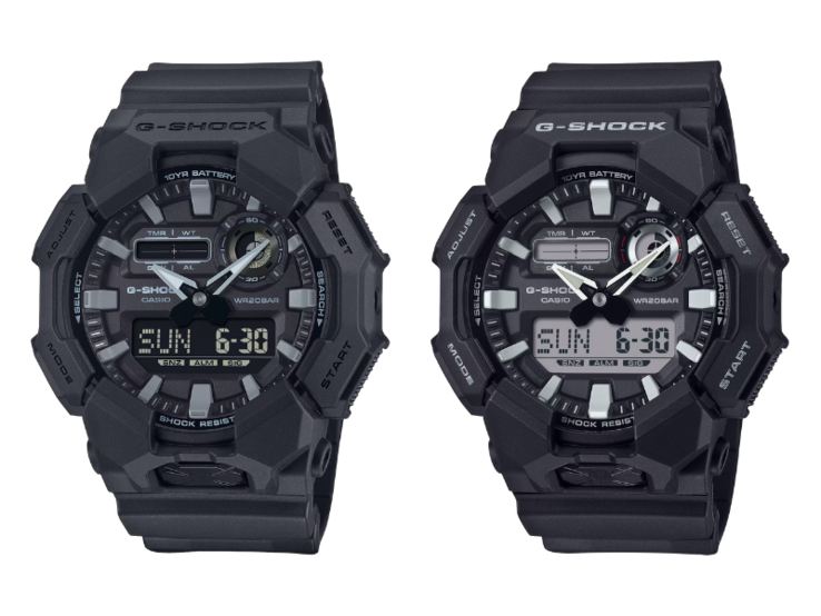 Het Casio G-Shock GA-010-1A1JF horloge (links) vergeleken met het Casio G-Shock GA-010-1A horloge (rechts). (Afbeeldingsbron: Casio)