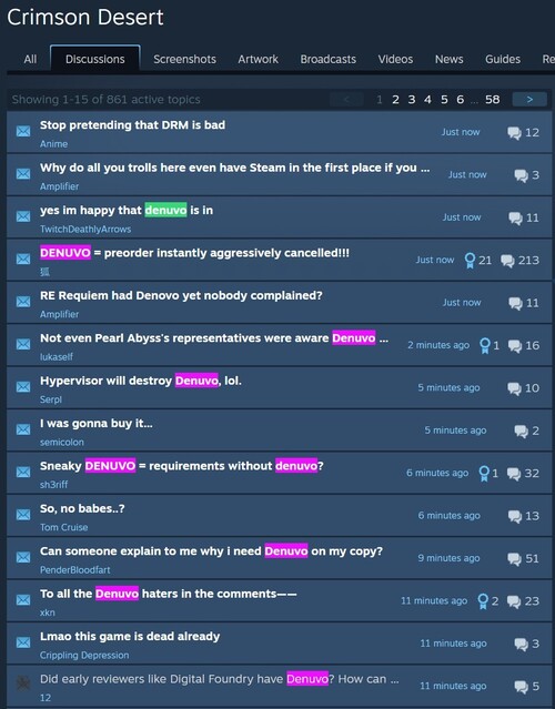 Crimson Desert Denuvo klachten in stoom forum getoond