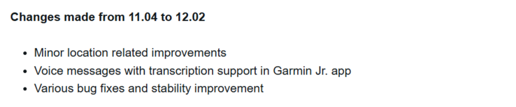 De release notes voor softwareversie 12.02 voor de Garmin Bounce smartwatch. (Afbeelding bron: Garmin)