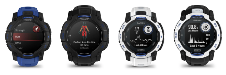 Van links naar rechts: de Garmin Instinct 3 45 mm AMOLED, 50 mm AMOLED, 45 mm Solar en 50 mm Solar Supernova Collection horloges. (Afbeelding bron: Garmin, bewerkt)