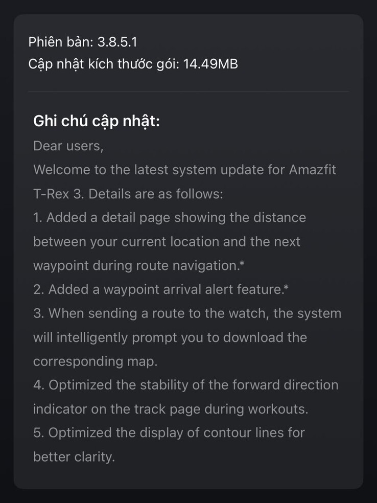 De release notes voor softwareversie 3.8.5.1 voor de Amazfit T-Rex 3 smartwatch. (Afbeeldingsbron: Lương Nguyên Long via Facebook)